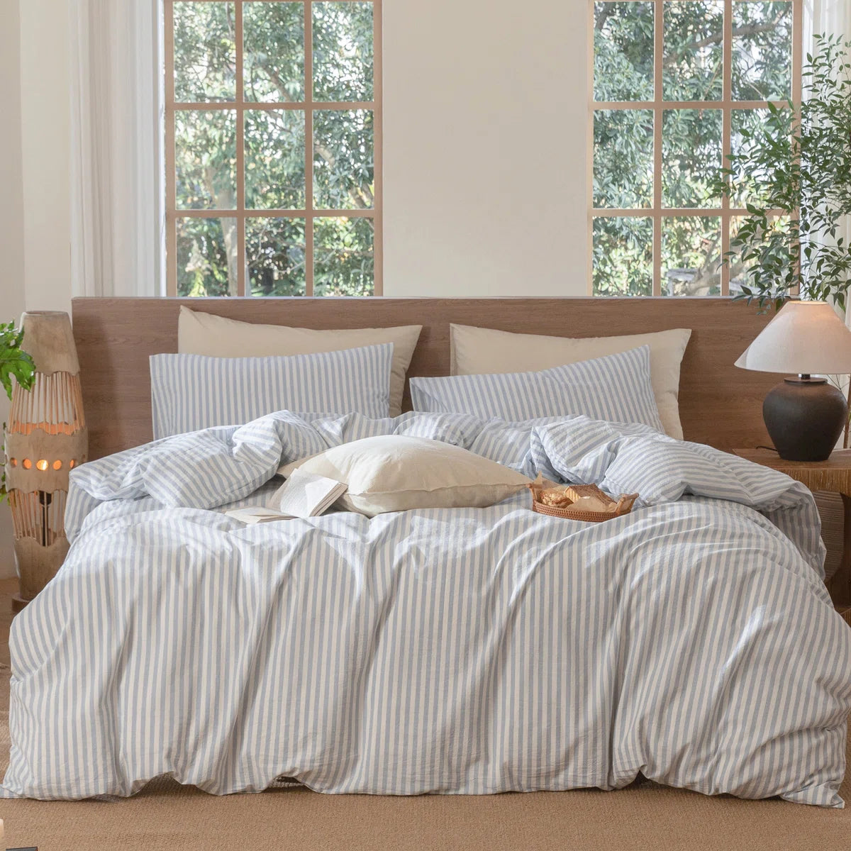 Striped Duvet Cover Set 100% Washed Cotton Linen Like Textured