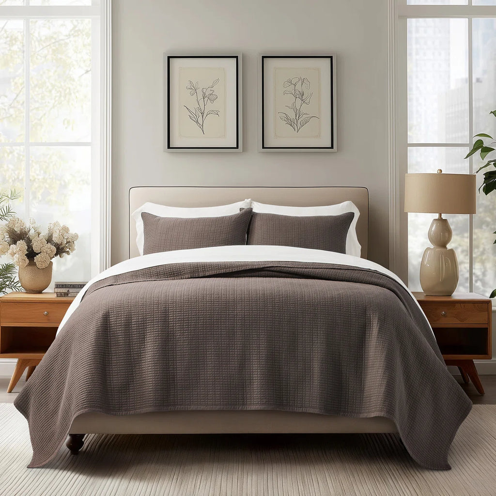 100% Cotton Quilt, Pre-Washed Modern Grid Stitch Lightweight Bedspread Coverlet For All Season, Oversized 3-Piece Quilt Set With 2 Pillow Shams
