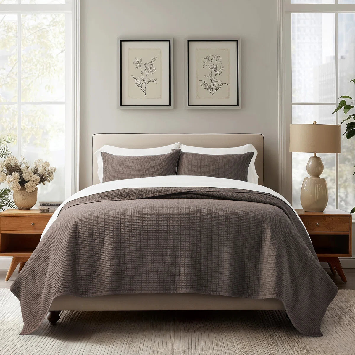 100% Cotton Quilt, Pre-Washed Modern Grid Stitch Lightweight Bedspread Coverlet For All Season, Oversized 3-Piece Quilt Set With 2 Pillow Shams