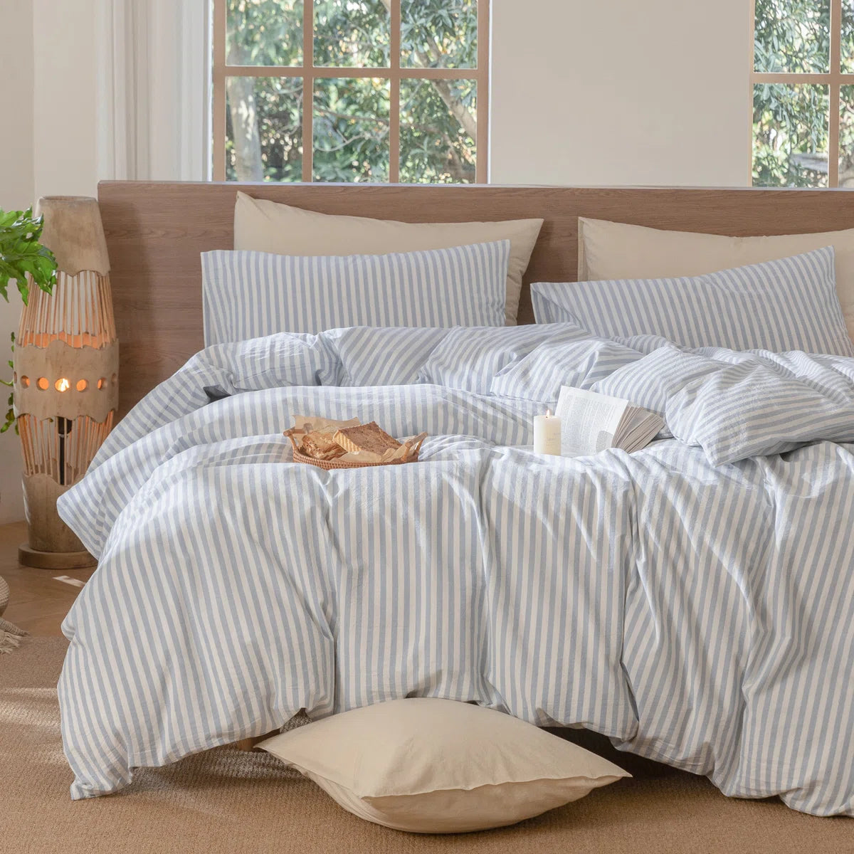 Striped Duvet Cover Set 100% Washed Cotton Linen Like Textured