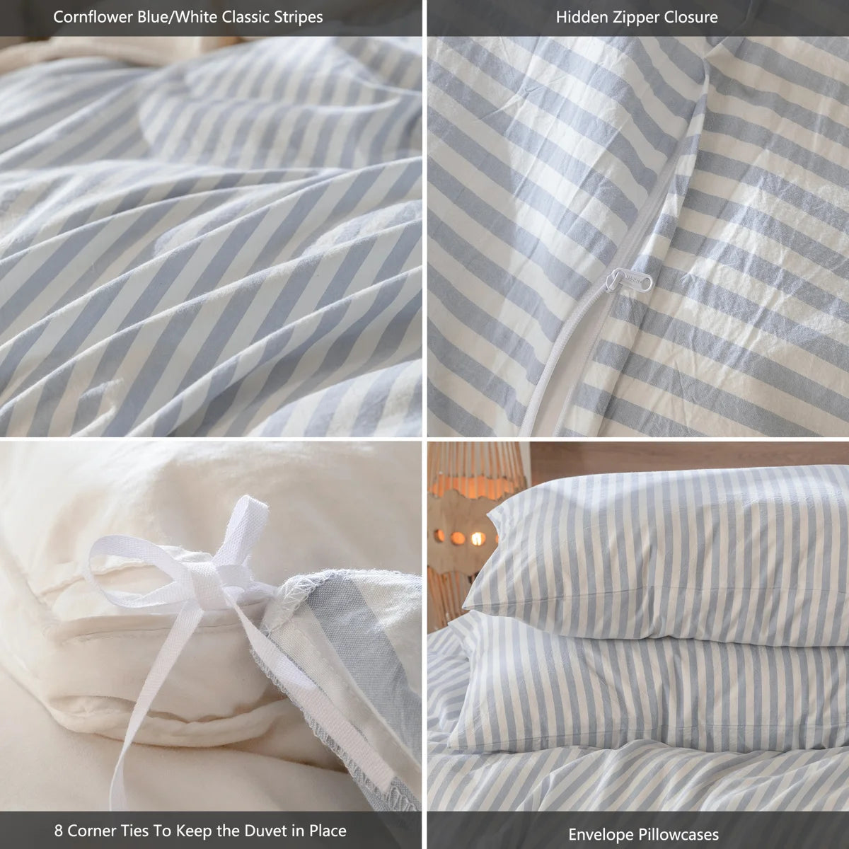 Striped Duvet Cover Set 100% Washed Cotton Linen Like Textured