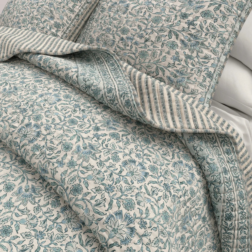 Blue Border Floral Quilt Set With Shams
