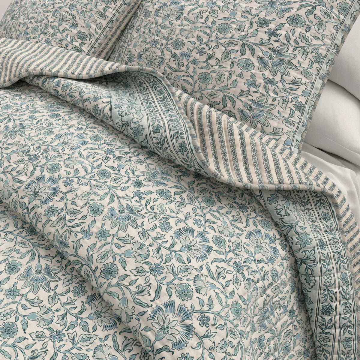 Blue Border Floral Quilt Set With Shams