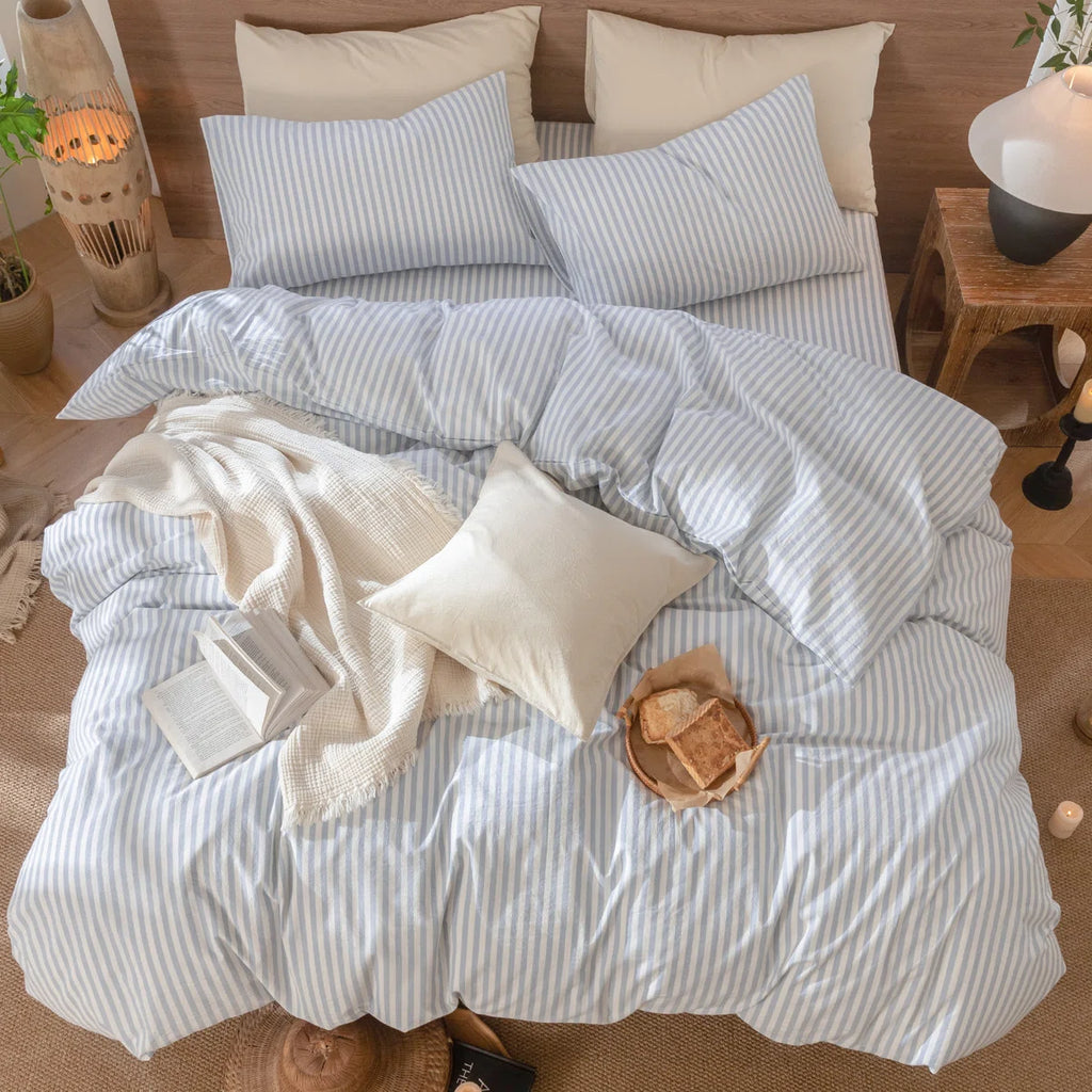 Striped Duvet Cover Set 100% Washed Cotton Linen Like Textured