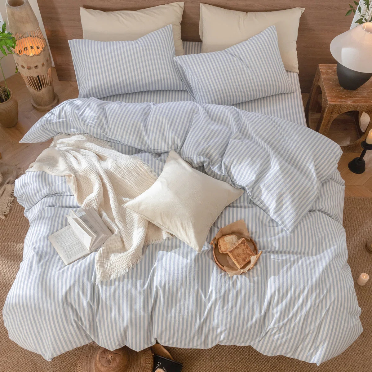 Striped Duvet Cover Set 100% Washed Cotton Linen Like Textured