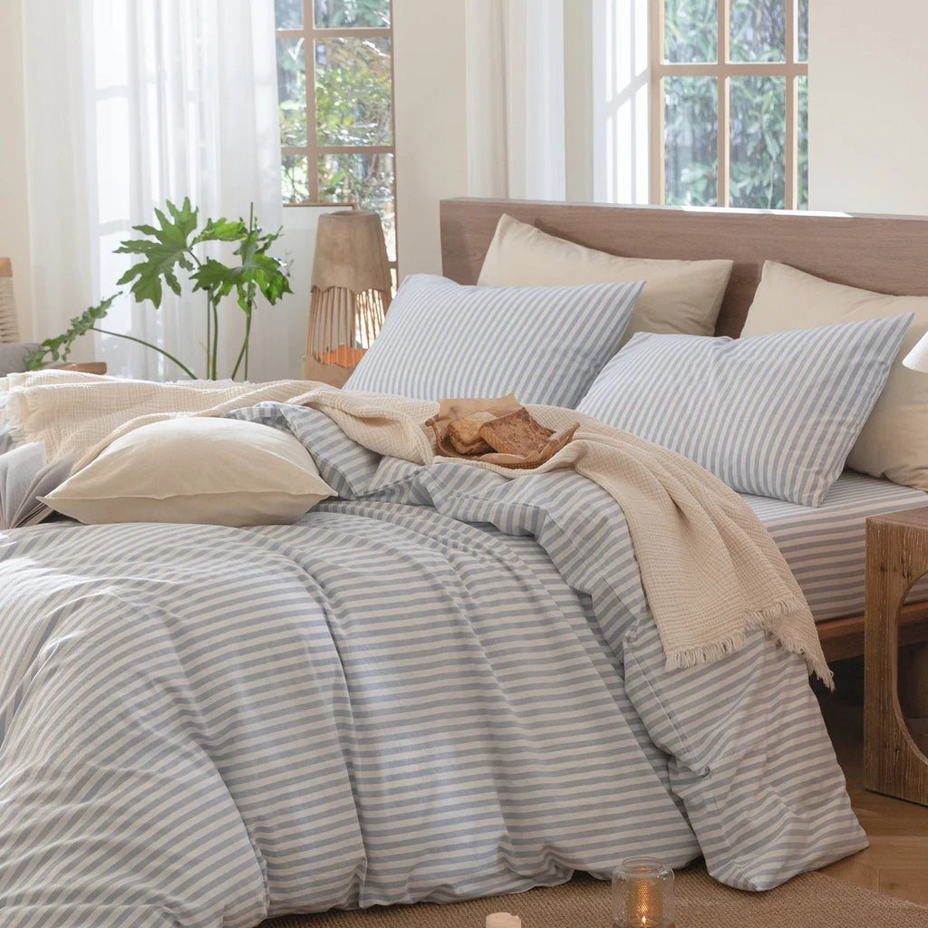 Striped Duvet Cover Set 100% Washed Cotton Linen Like Textured