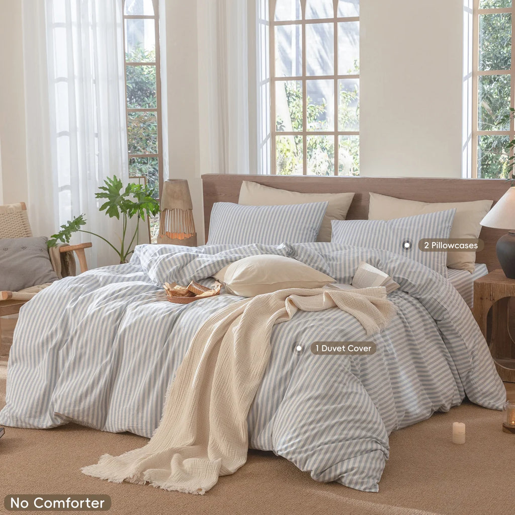 Striped Duvet Cover Set 100% Washed Cotton Linen Like Textured