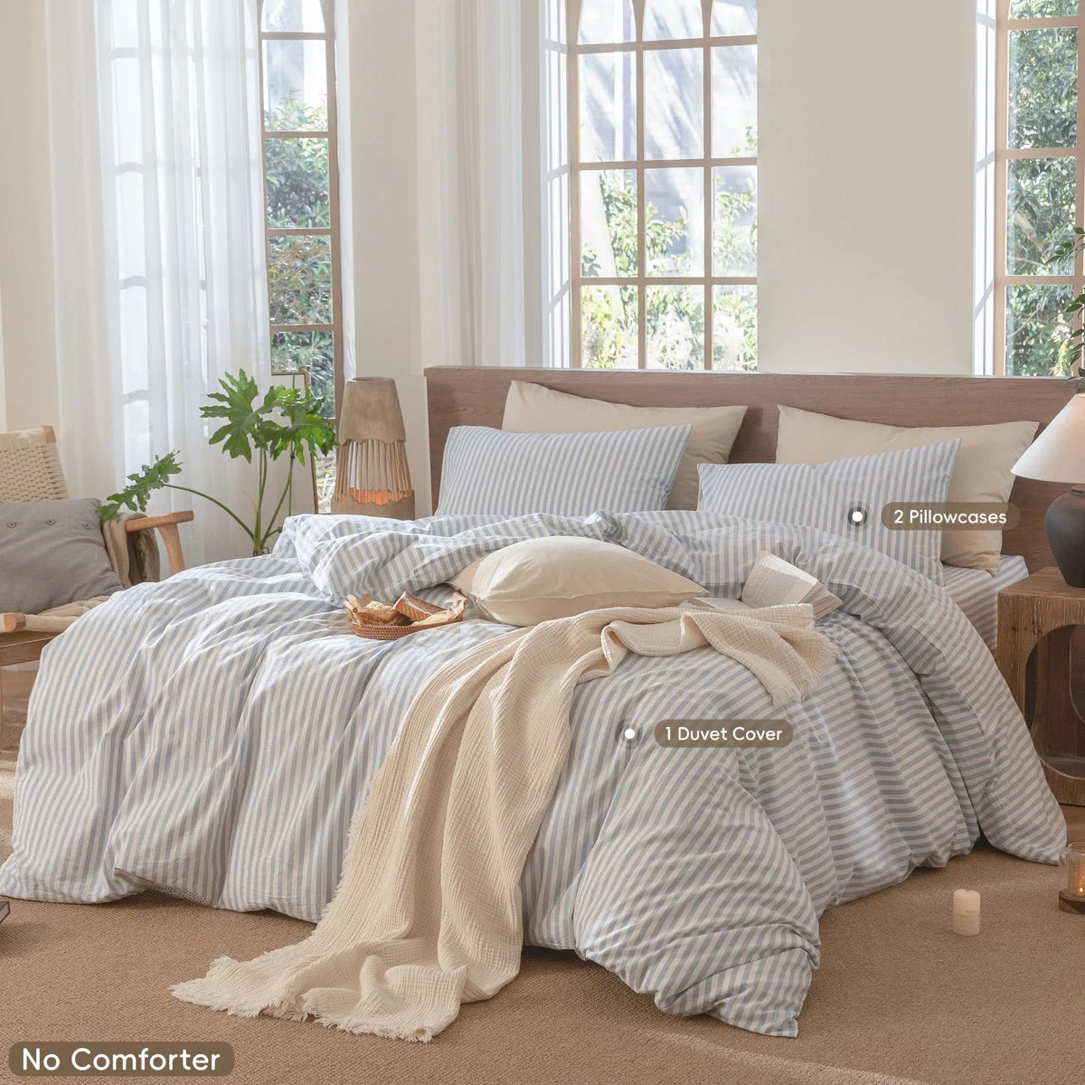 Striped Duvet Cover Set 100% Washed Cotton Linen Like Textured