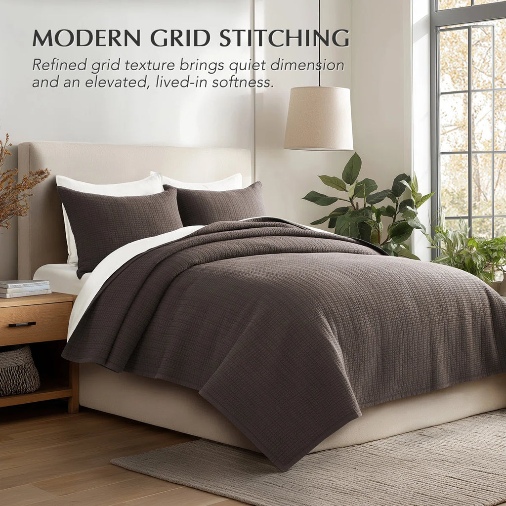 100% Cotton Quilt, Pre-Washed Modern Grid Stitch Lightweight Bedspread Coverlet For All Season, Oversized 3-Piece Quilt Set With 2 Pillow Shams