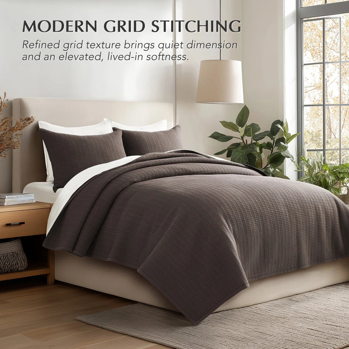 100% Cotton Quilt, Pre-Washed Modern Grid Stitch Lightweight Bedspread Coverlet For All Season, Oversized 3-Piece Quilt Set With 2 Pillow Shams