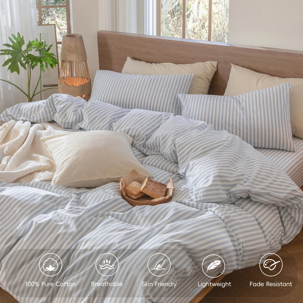 Striped Duvet Cover Set 100% Washed Cotton Linen Like Textured